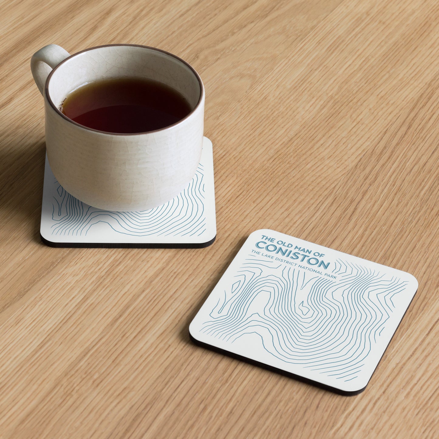 Coniston Old Man Abstract Topo Cork-Back Coaster - Modernist Tabletop Design - Beige/Blue