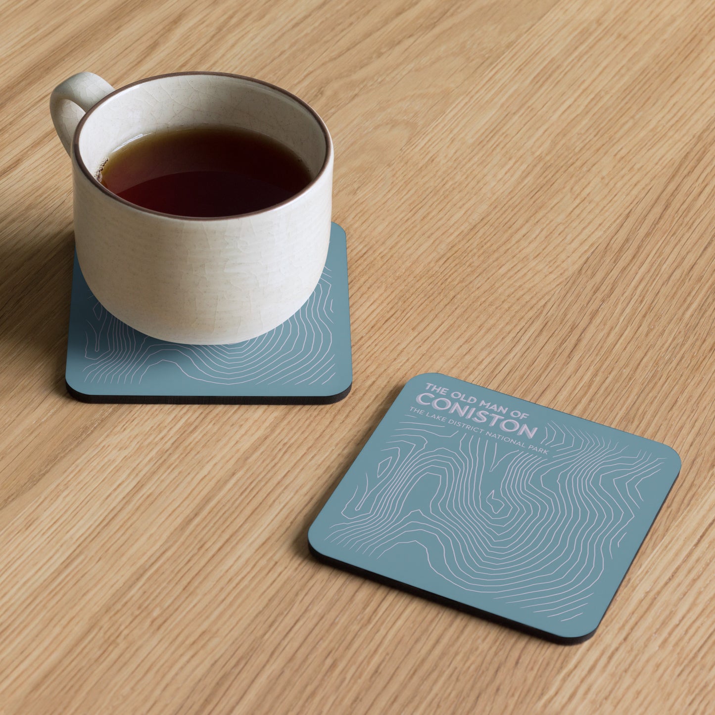 Coniston Old Man Abstract Topo Cork-Back Coaster - Modernist Tabletop Design - Blue/Pink