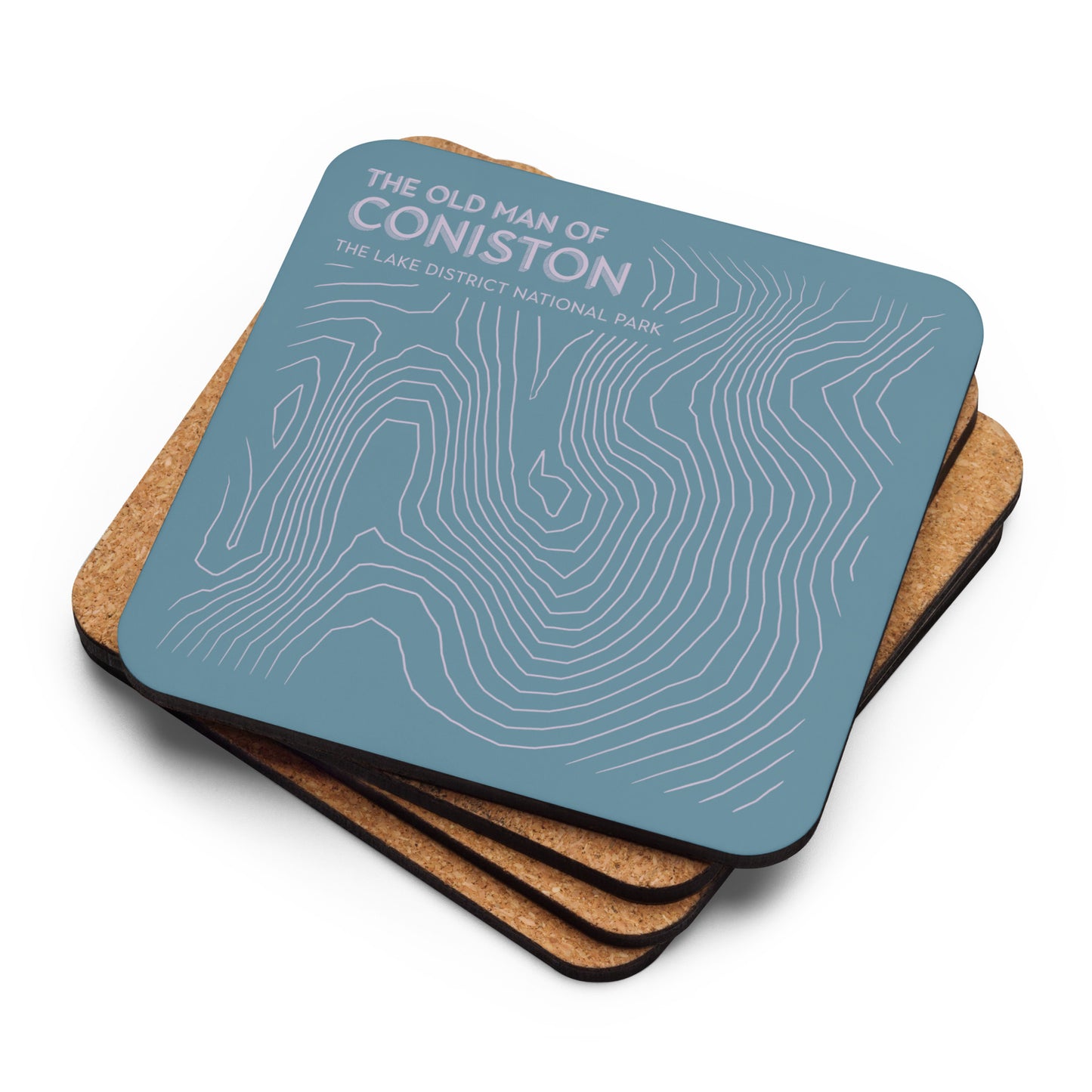 Coniston Old Man Abstract Topo Cork-Back Coaster - Modernist Tabletop Design - Blue/Pink