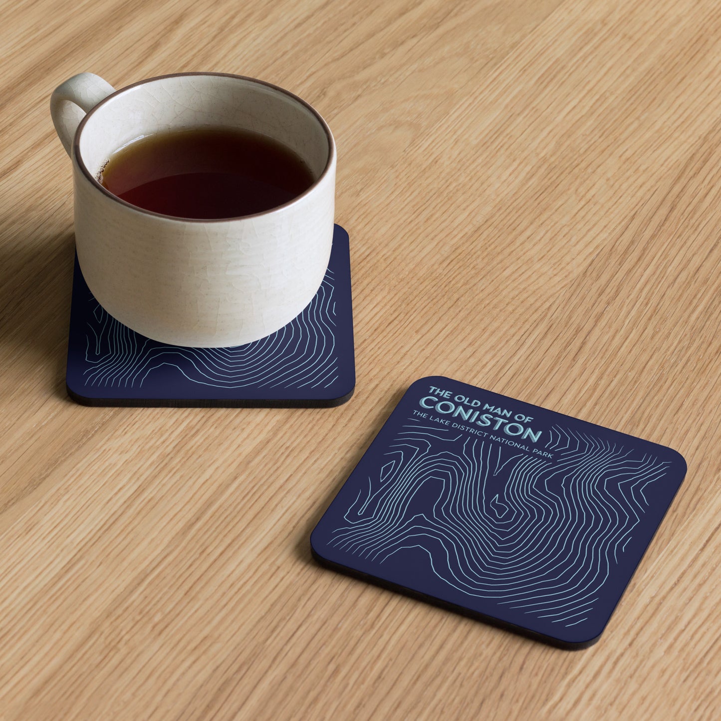 Coniston Old Man Abstract Topo Cork-Back Coaster - Modernist Tabletop Design - Dark Blue/Light Blue