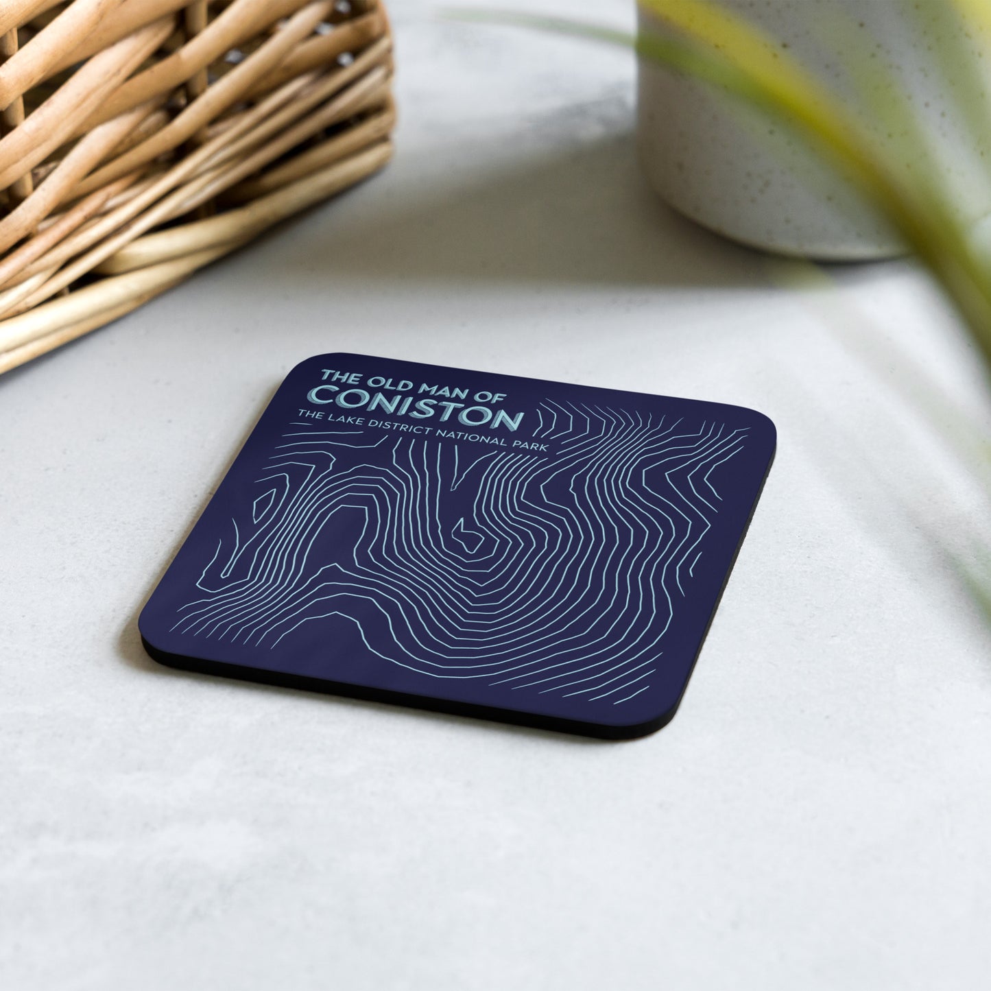 Coniston Old Man Abstract Topo Cork-Back Coaster - Modernist Tabletop Design - Dark Blue/Light Blue