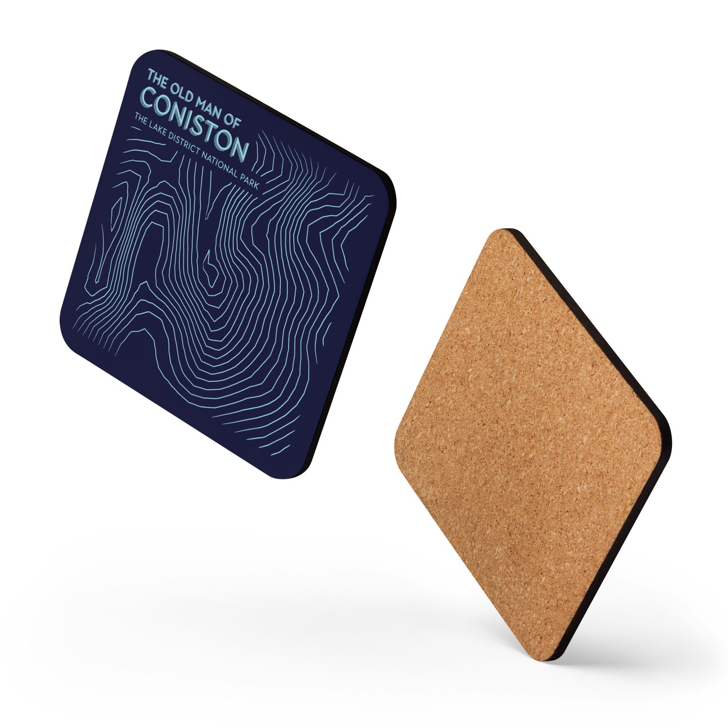 Coniston Old Man Abstract Topo Cork-Back Coaster - Modernist Tabletop Design - Dark Blue/Light Blue