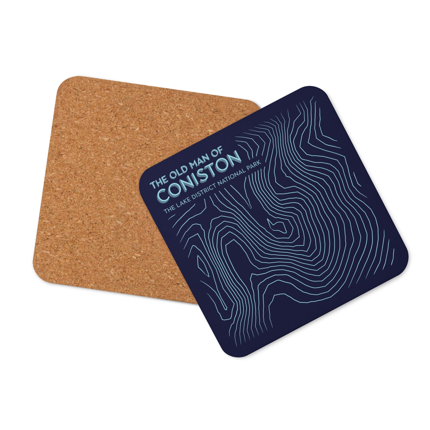 Coniston Old Man Abstract Topo Cork-Back Coaster - Modernist Tabletop Design - Dark Blue/Light Blue