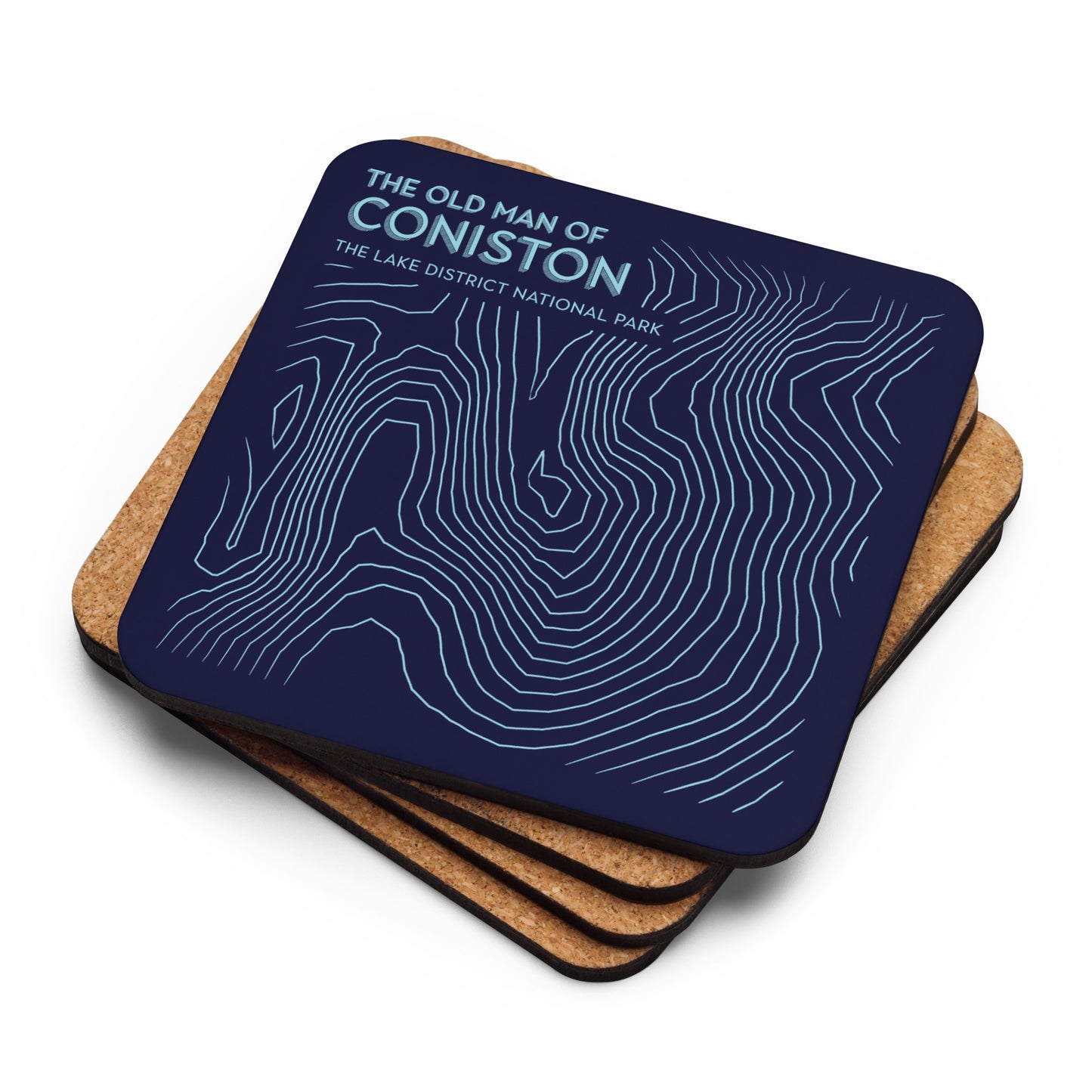 Coniston Old Man Abstract Topo Cork-Back Coaster - Modernist Tabletop Design - Dark Blue/Light Blue