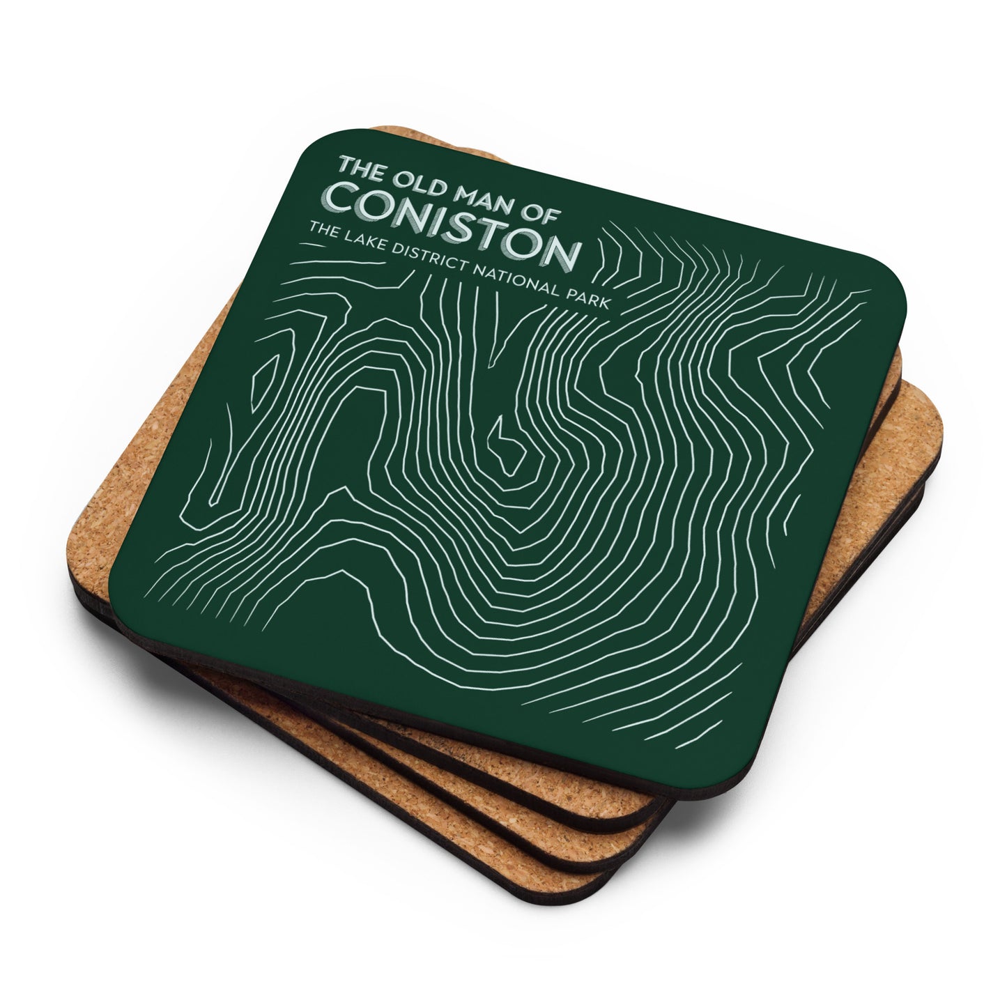 Coniston Old Man Abstract Topo Cork-Back Coaster - Modernist Tabletop Design - Green/White