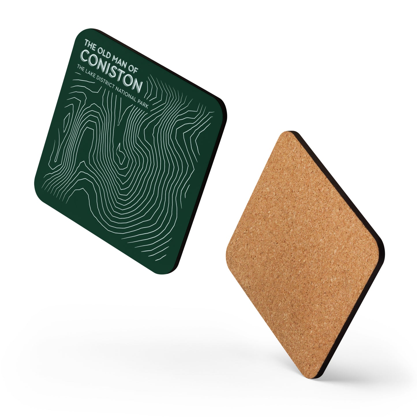 Coniston Old Man Abstract Topo Cork-Back Coaster - Modernist Tabletop Design - Green/White