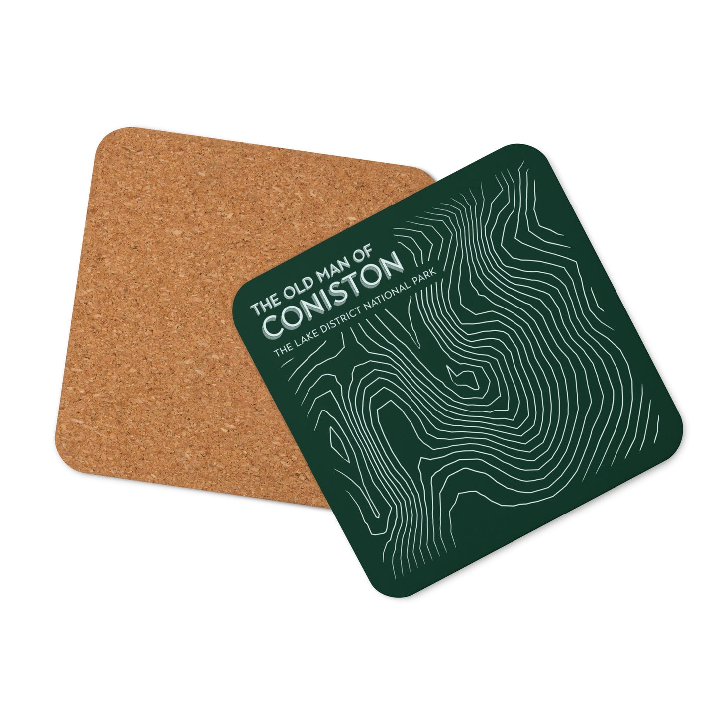 Coniston Old Man Abstract Topo Cork-Back Coaster - Modernist Tabletop Design - Green/White