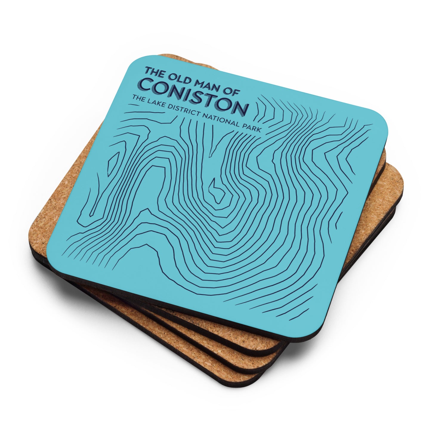 Coniston Old Man Abstract Topo Cork-Back Coaster - Modernist Tabletop Design - Light Blue/Dark Blue