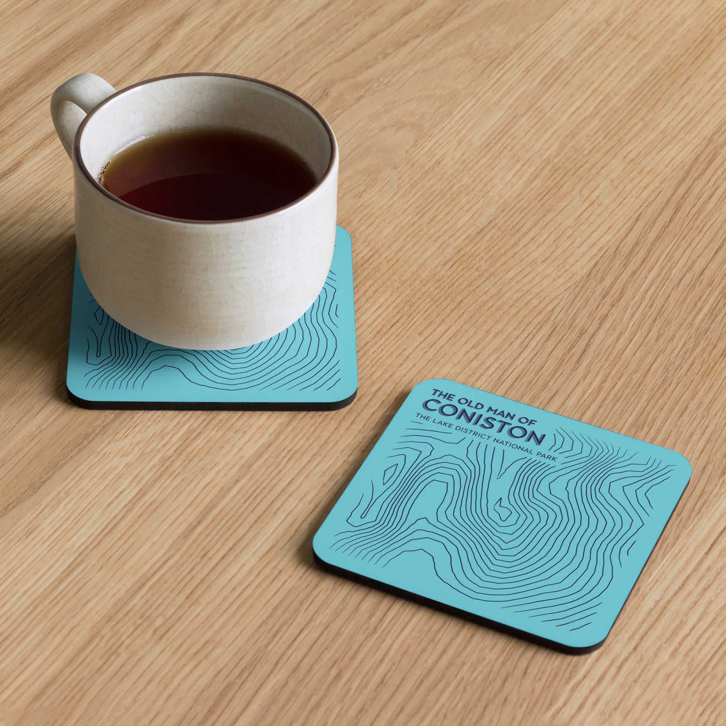 Coniston Old Man Abstract Topo Cork-Back Coaster - Modernist Tabletop Design - Light Blue/Dark Blue