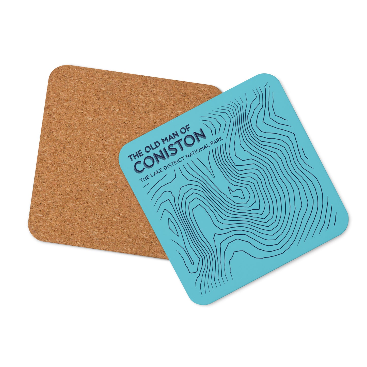 Coniston Old Man Abstract Topo Cork-Back Coaster - Modernist Tabletop Design - Light Blue/Dark Blue