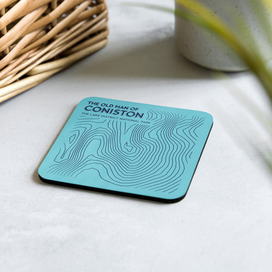 Coniston Old Man Abstract Topo Cork-Back Coaster - Modernist Tabletop Design - Light Blue/Dark Blue