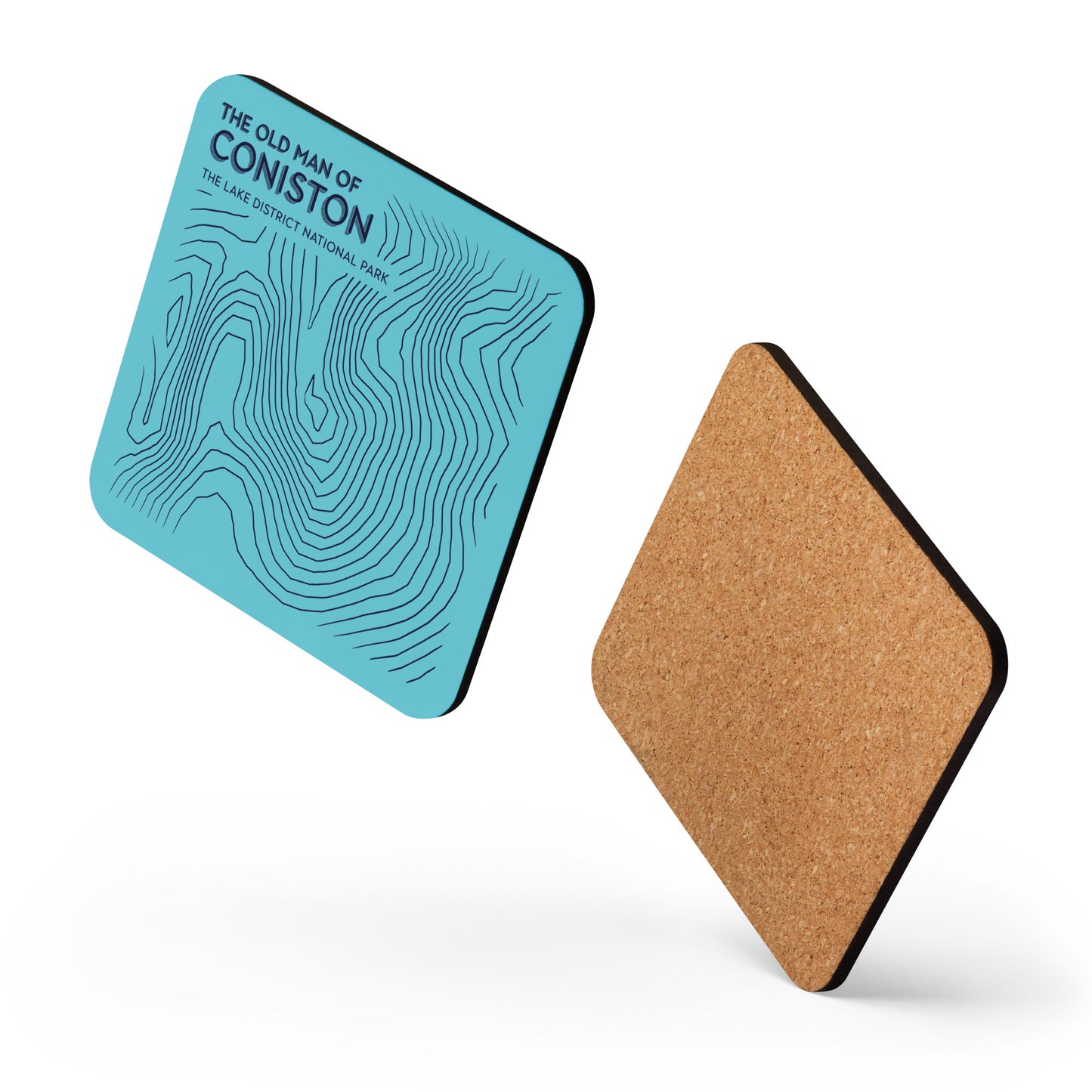 Coniston Old Man Abstract Topo Cork-Back Coaster - Modernist Tabletop Design - Light Blue/Dark Blue