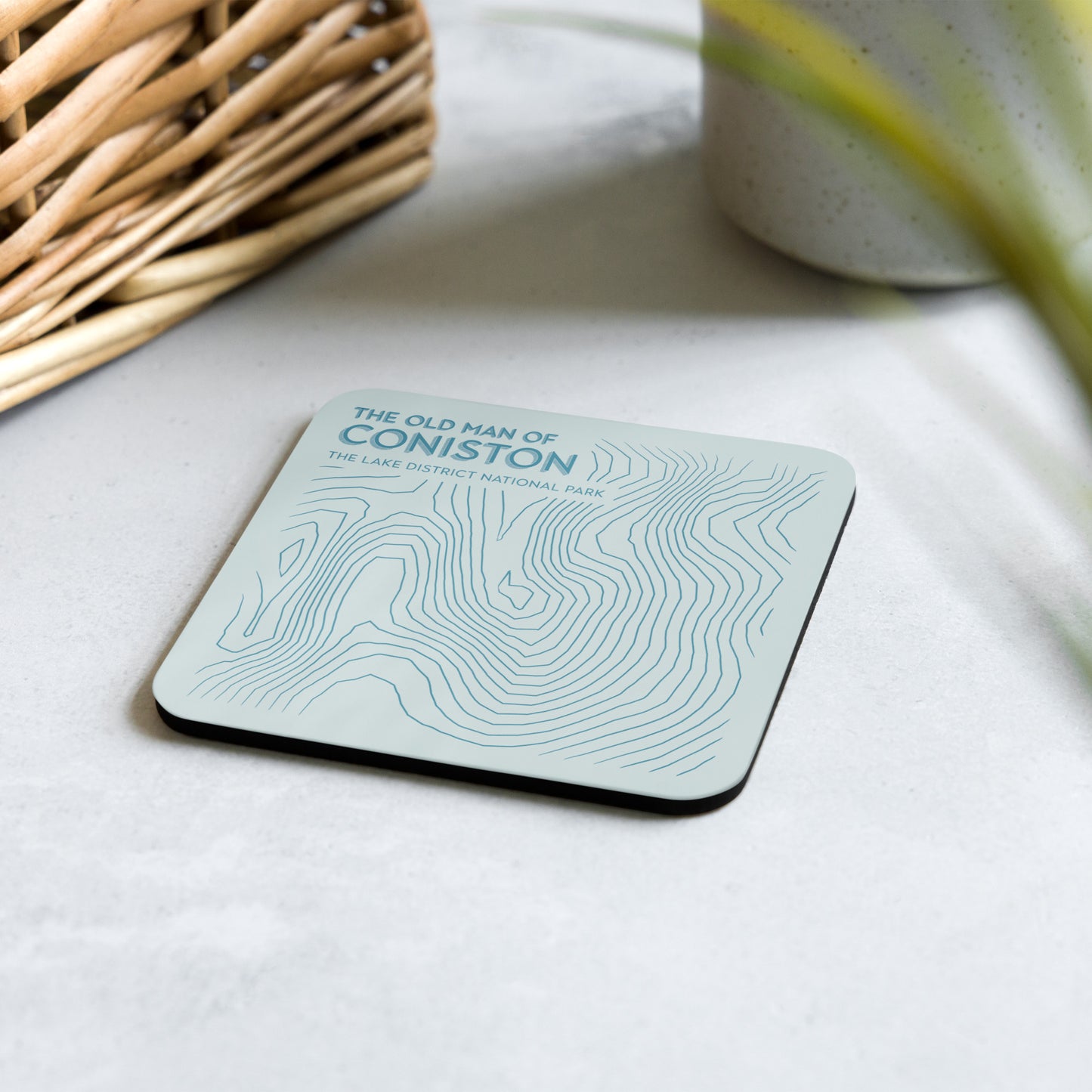 Coniston Old Man Abstract Topo Cork-Back Coaster - Modernist Tabletop Design - Pastel Blues