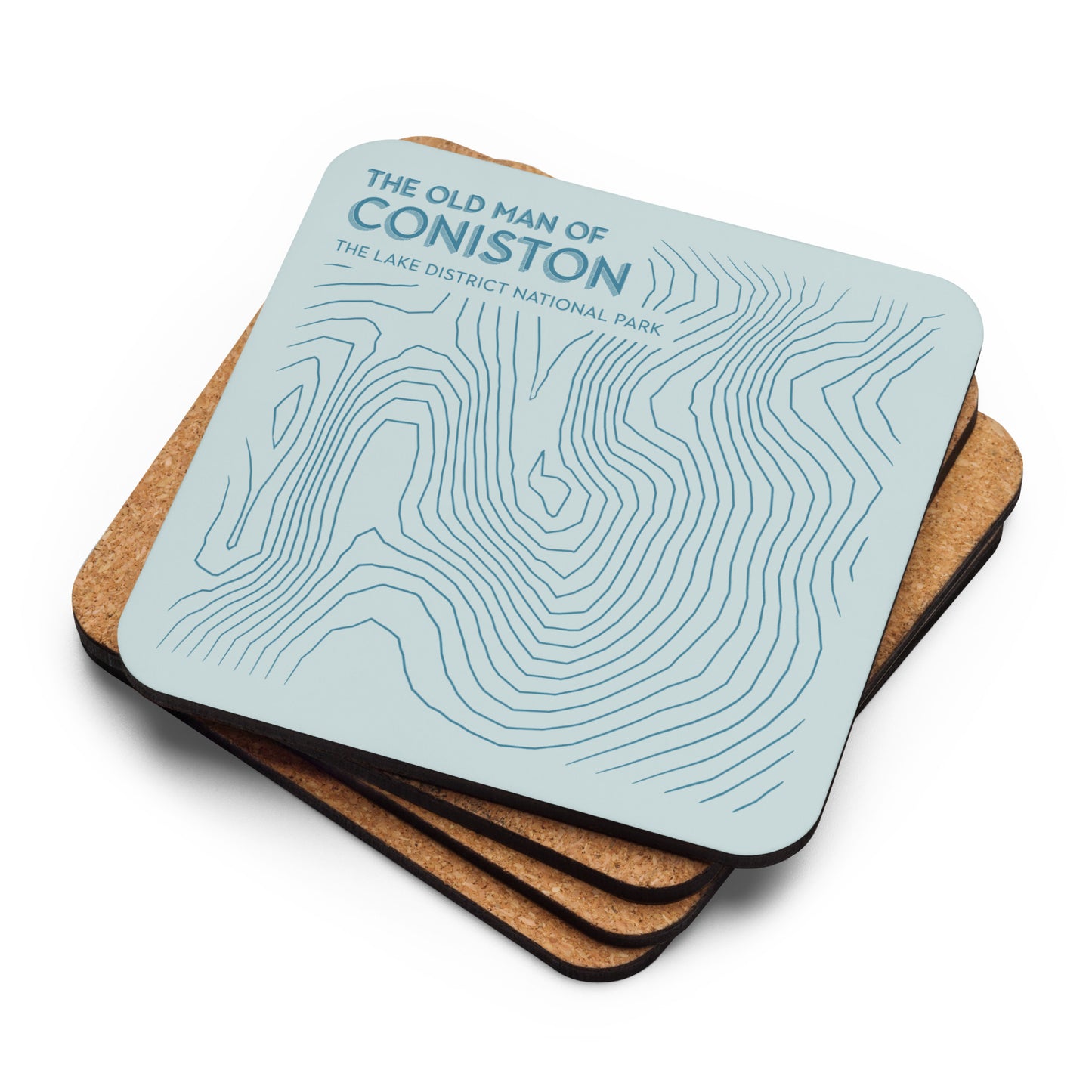 Coniston Old Man Abstract Topo Cork-Back Coaster - Modernist Tabletop Design - Pastel Blues