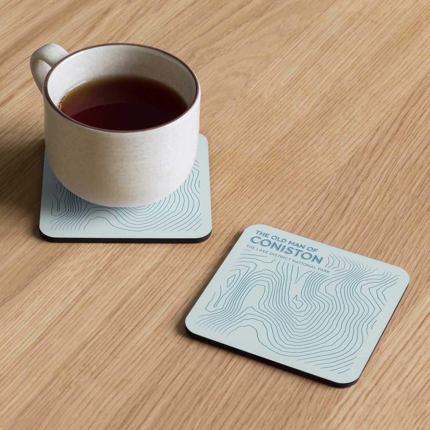 Coniston Old Man Abstract Topo Cork-Back Coaster - Modernist Tabletop Design - Pastel Blues