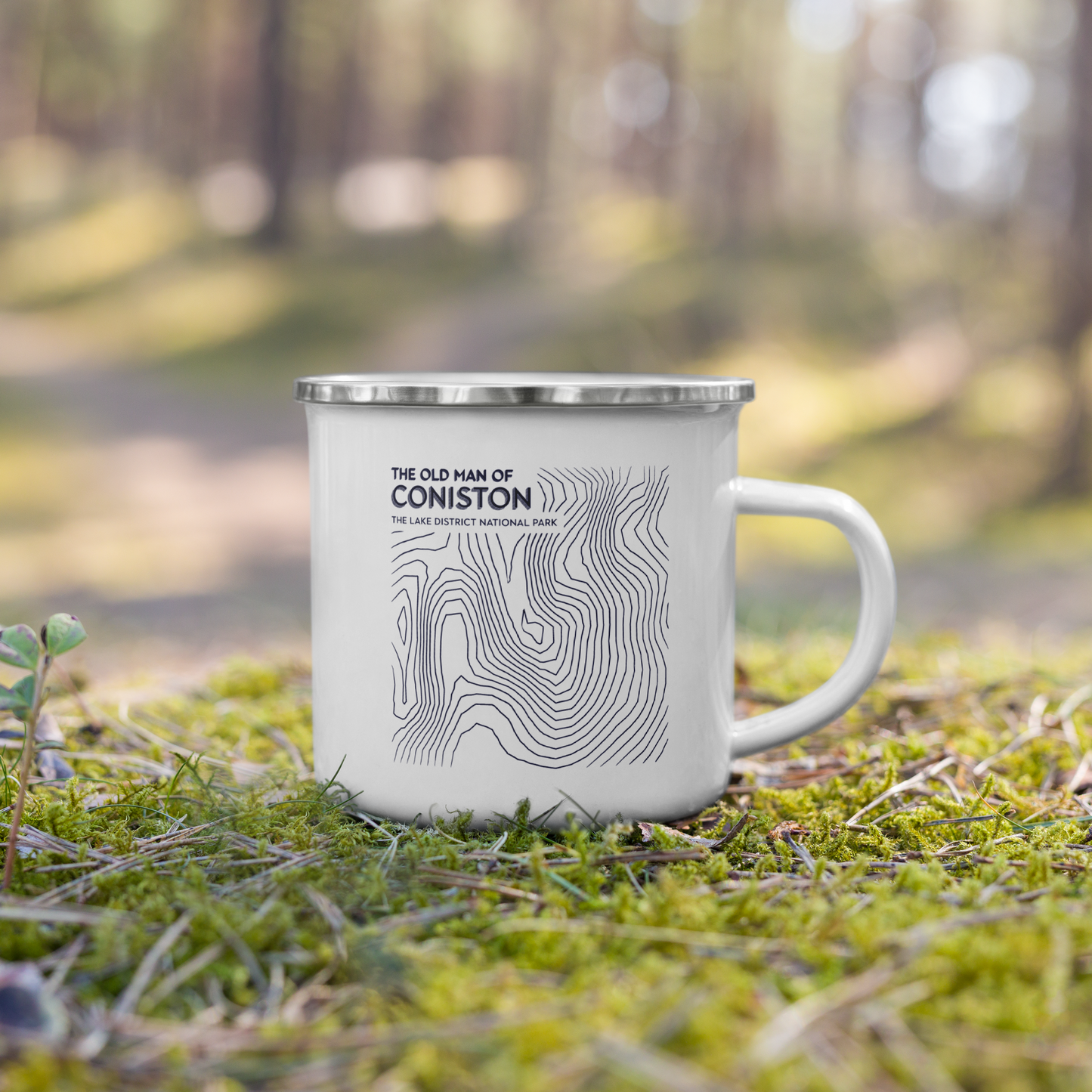 Coniston Old Man Minimalist Enamel Mug - Sleek Lines Outdoor Drinkware - Dark Blue