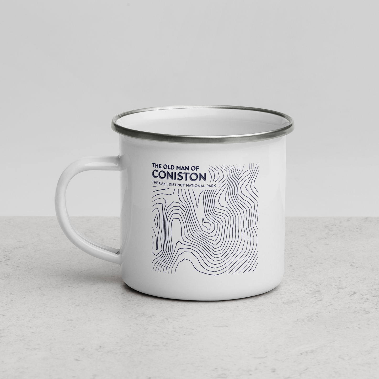 Coniston Old Man Minimalist Enamel Mug - Sleek Lines Outdoor Drinkware - Dark Blue