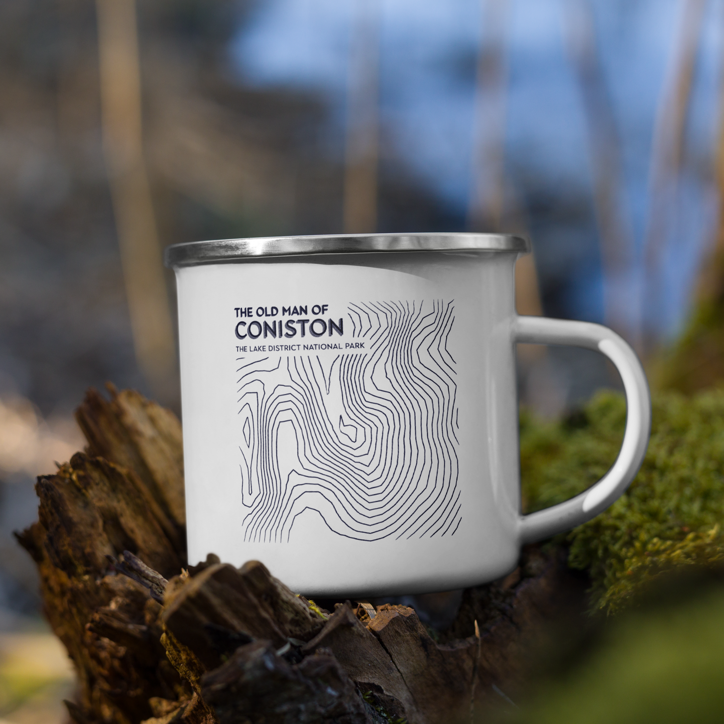 Coniston Old Man Minimalist Enamel Mug - Sleek Lines Outdoor Drinkware - Dark Blue