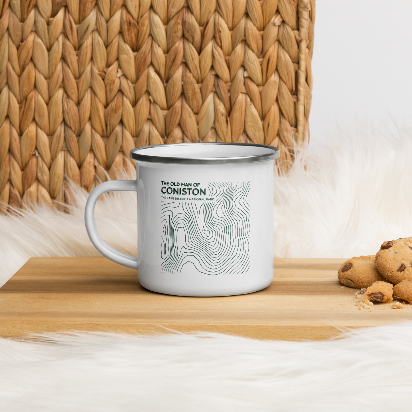 Coniston Old Man Minimalist Enamel Mug - Sleek Lines Outdoor Drinkware - Green