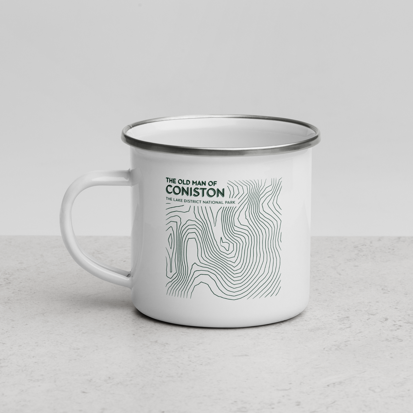 Coniston Old Man Minimalist Enamel Mug - Sleek Lines Outdoor Drinkware - Green