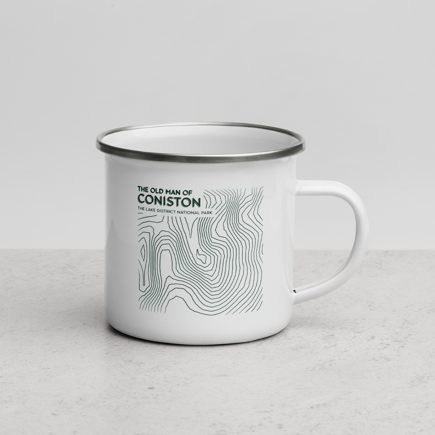 Coniston Old Man Minimalist Enamel Mug - Sleek Lines Outdoor Drinkware - Green