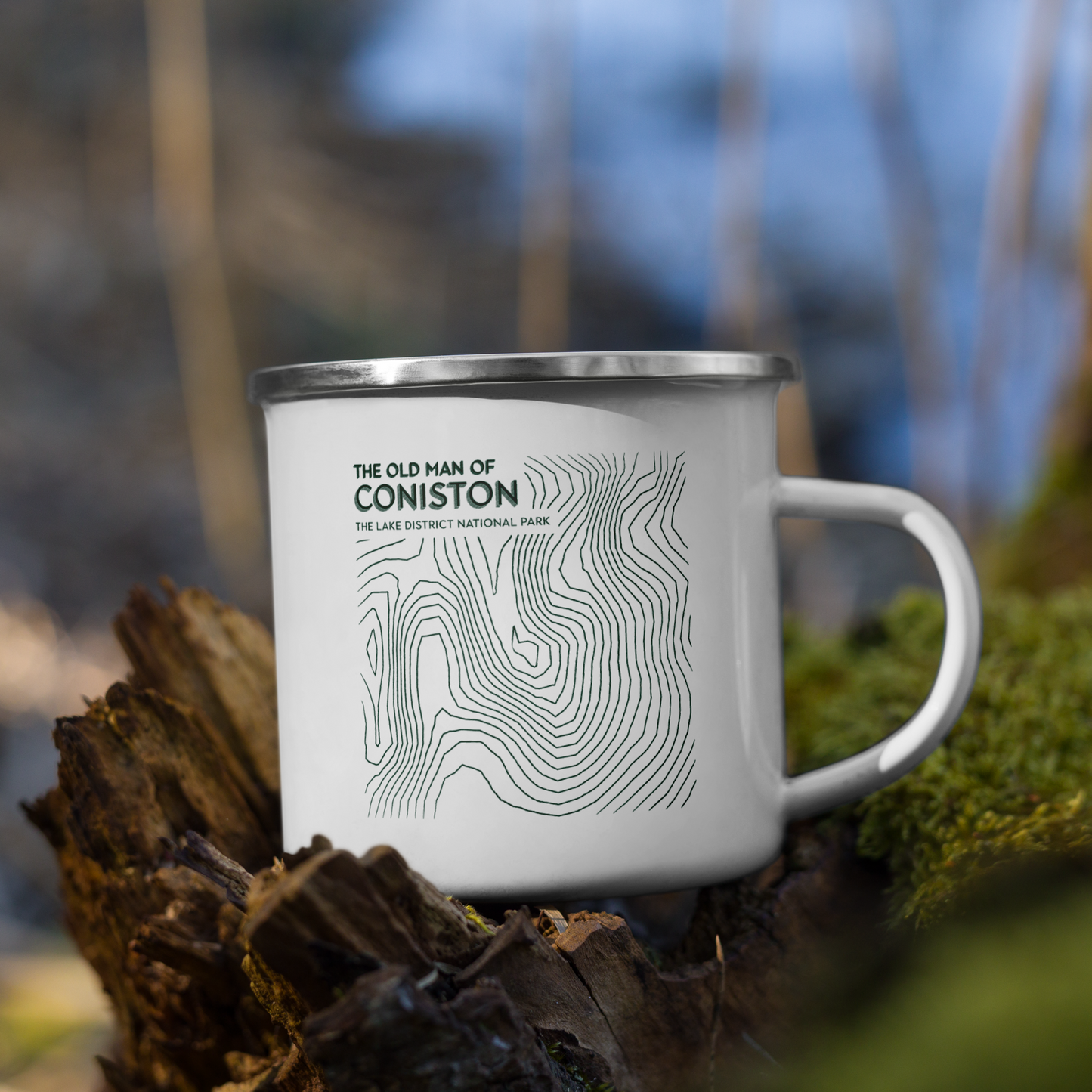 Coniston Old Man Minimalist Enamel Mug - Sleek Lines Outdoor Drinkware - Green