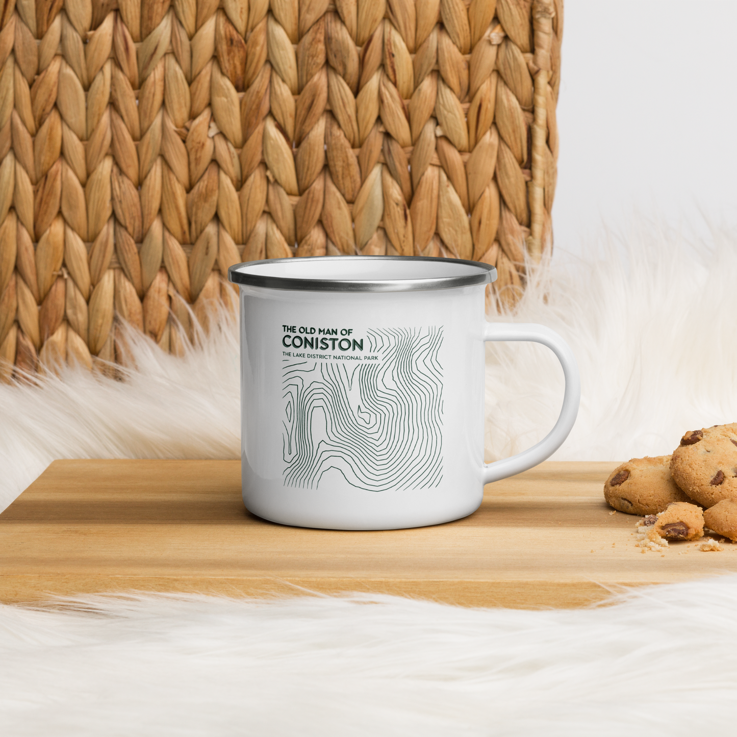 Coniston Old Man Minimalist Enamel Mug - Sleek Lines Outdoor Drinkware - Green