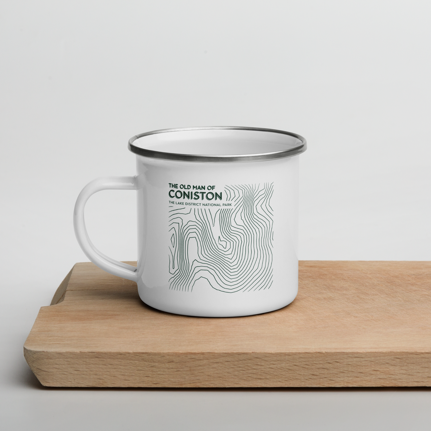 Coniston Old Man Minimalist Enamel Mug - Sleek Lines Outdoor Drinkware - Green