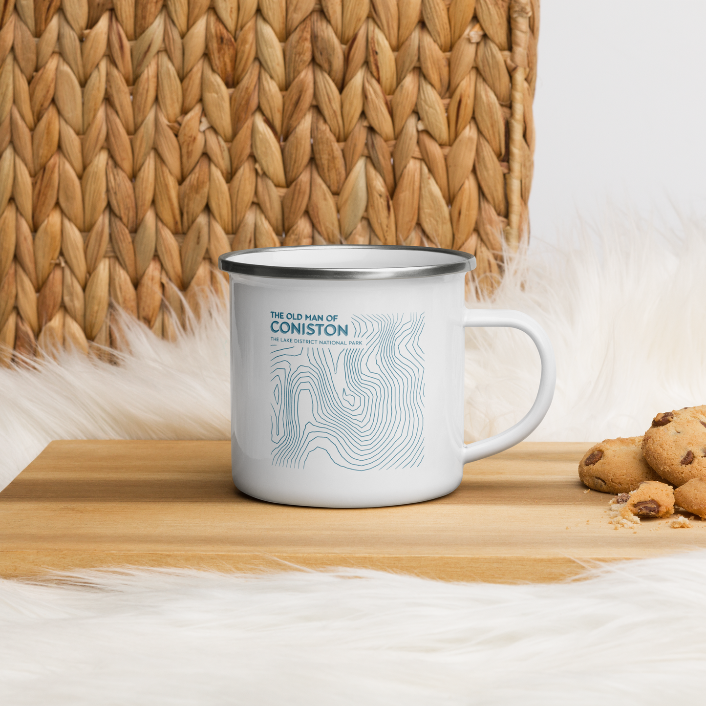 Coniston Old Man Minimalist Enamel Mug - Sleek Lines Outdoor Drinkware - Light Blue