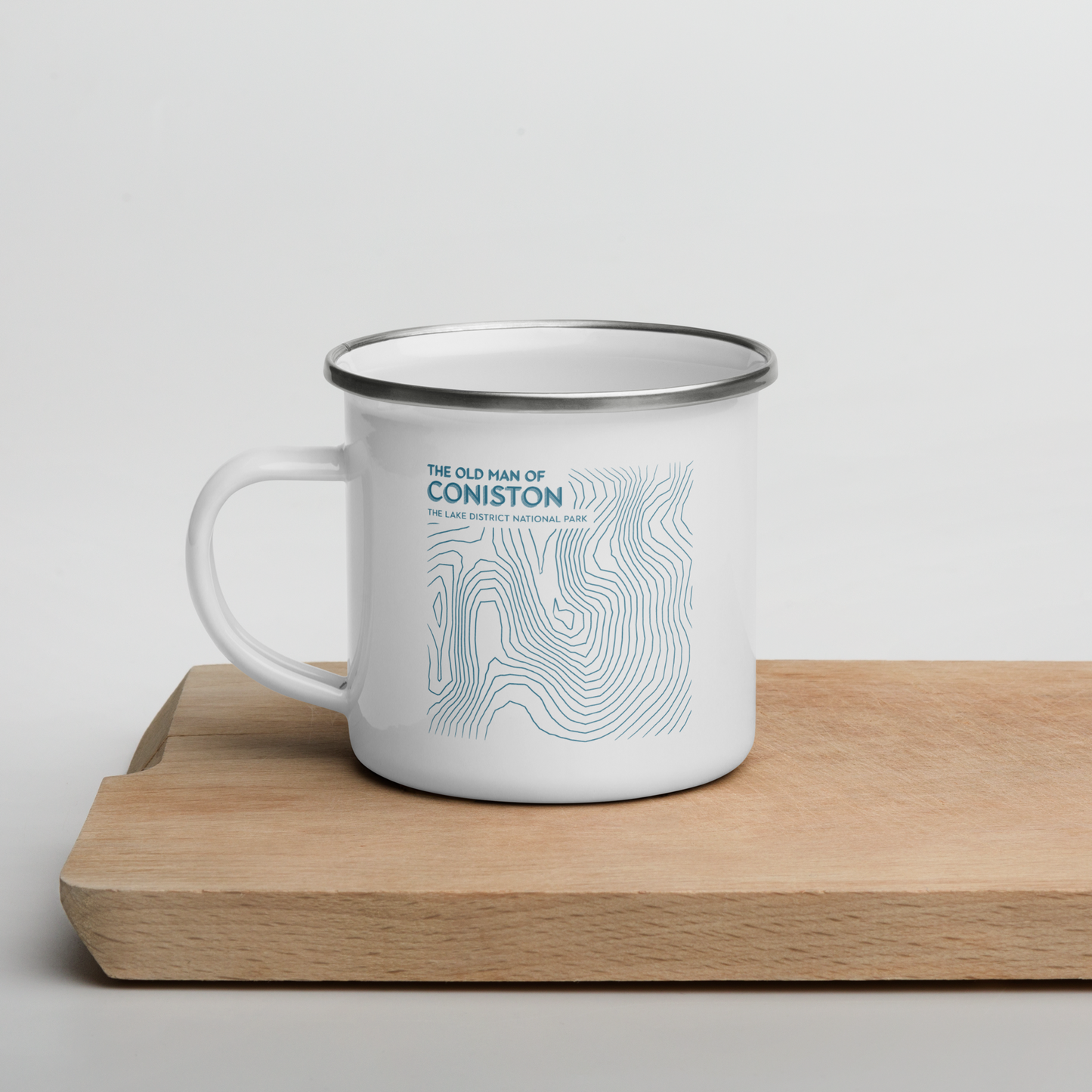 Coniston Old Man Minimalist Enamel Mug - Sleek Lines Outdoor Drinkware - Light Blue