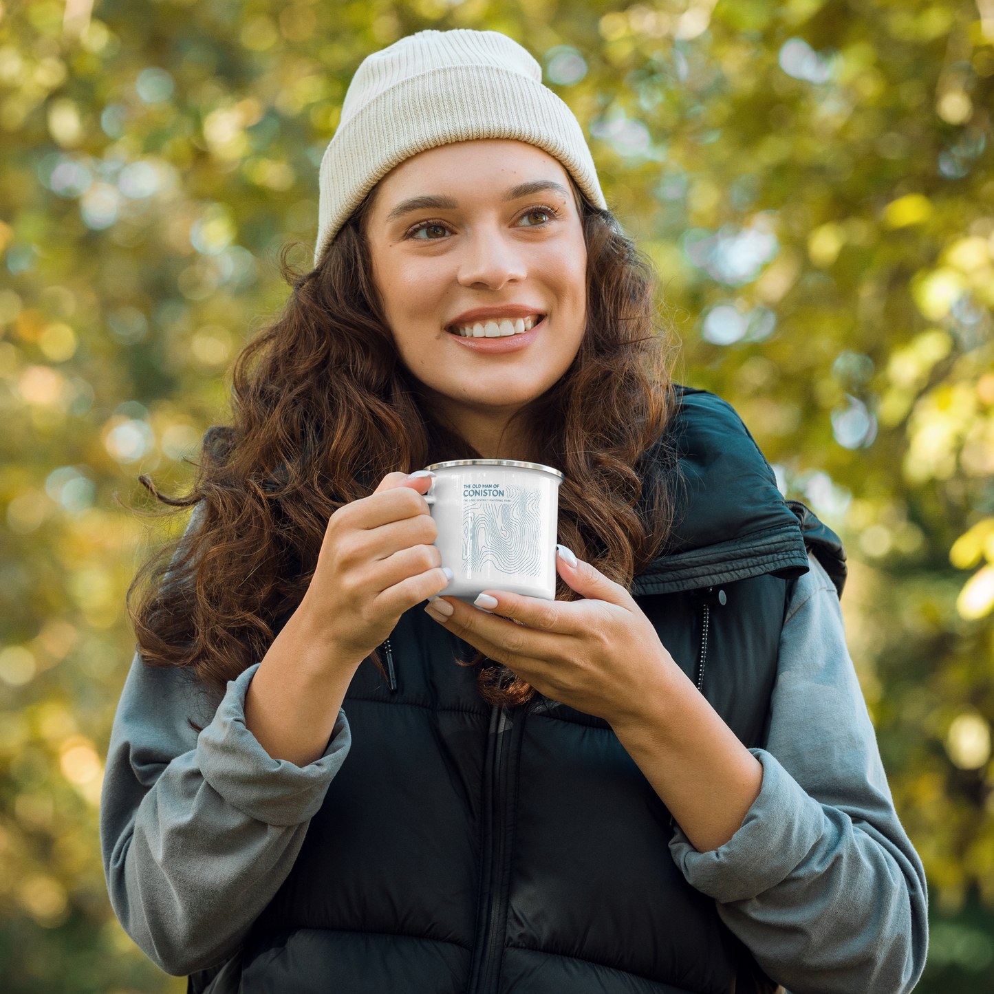 Coniston Old Man Minimalist Enamel Mug - Sleek Lines Outdoor Drinkware - Light Blue