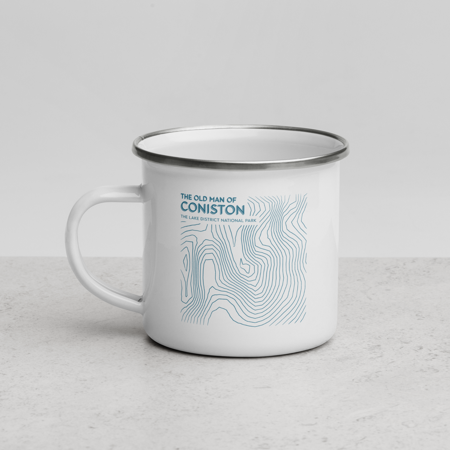 Coniston Old Man Minimalist Enamel Mug - Sleek Lines Outdoor Drinkware - Light Blue