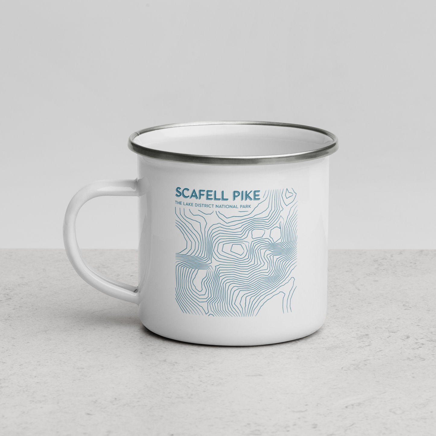 Scafell Pike Minimalist Enamel Mug - Sleek Lines Outdoor Drinkware - Light Blue