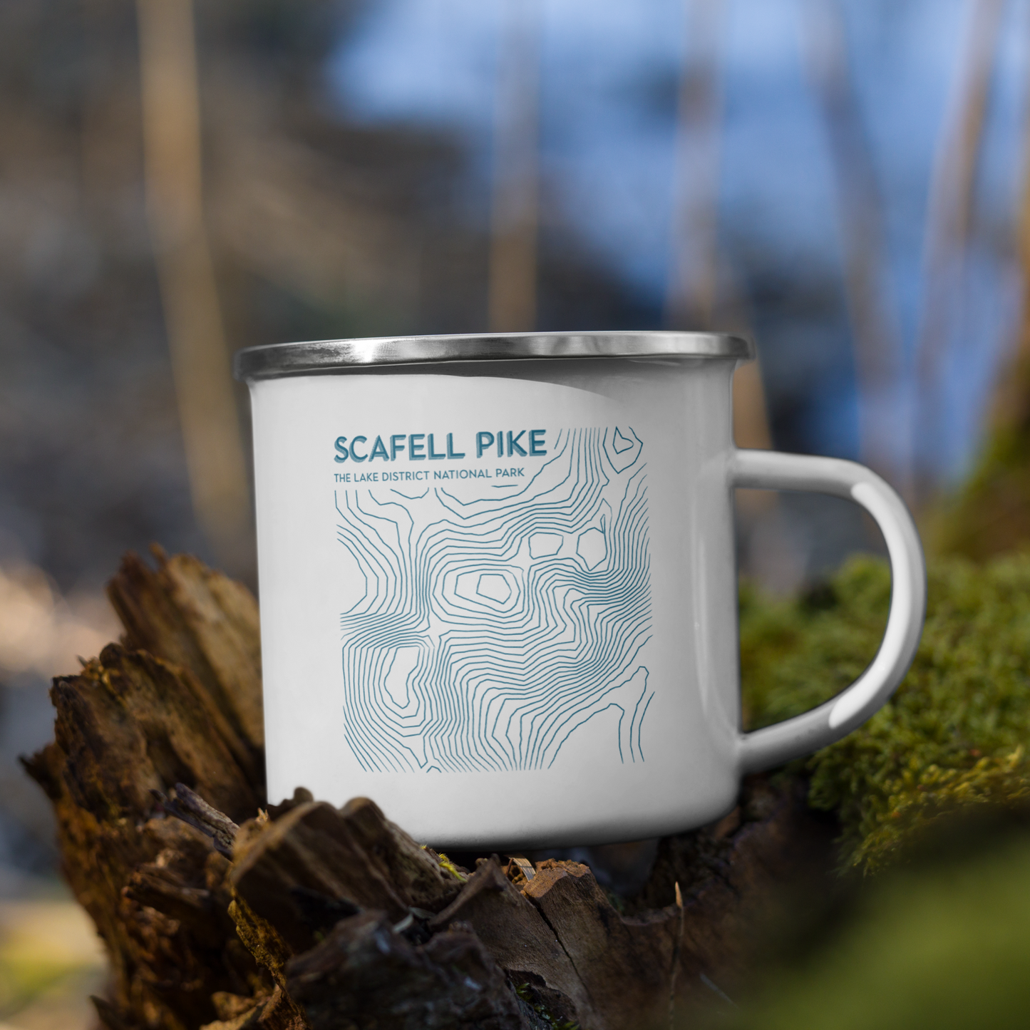 Scafell Pike Minimalist Enamel Mug - Sleek Lines Outdoor Drinkware - Light Blue