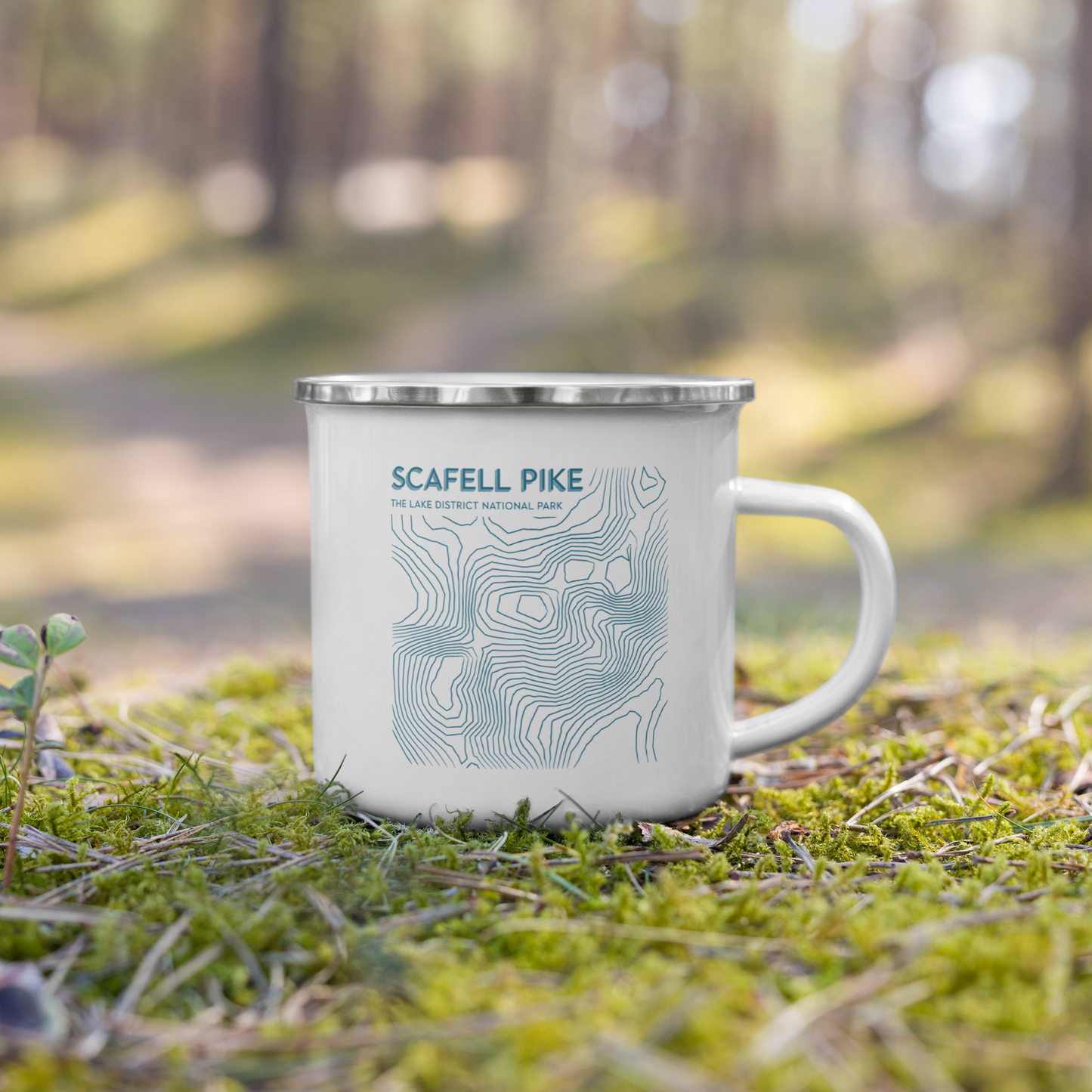 Scafell Pike Minimalist Enamel Mug - Sleek Lines Outdoor Drinkware - Light Blue