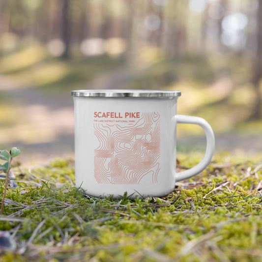 Scafell Pike Minimalist Enamel Mug - Sleek Lines Outdoor Drinkware - Orange