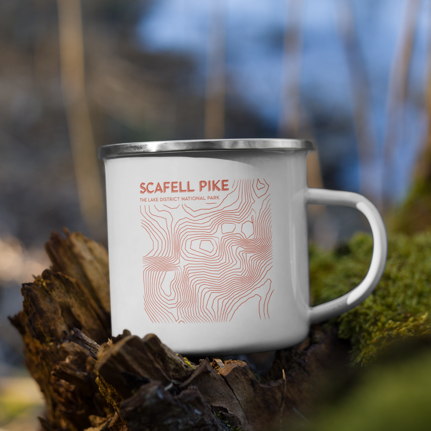 Scafell Pike Minimalist Enamel Mug - Sleek Lines Outdoor Drinkware - Orange