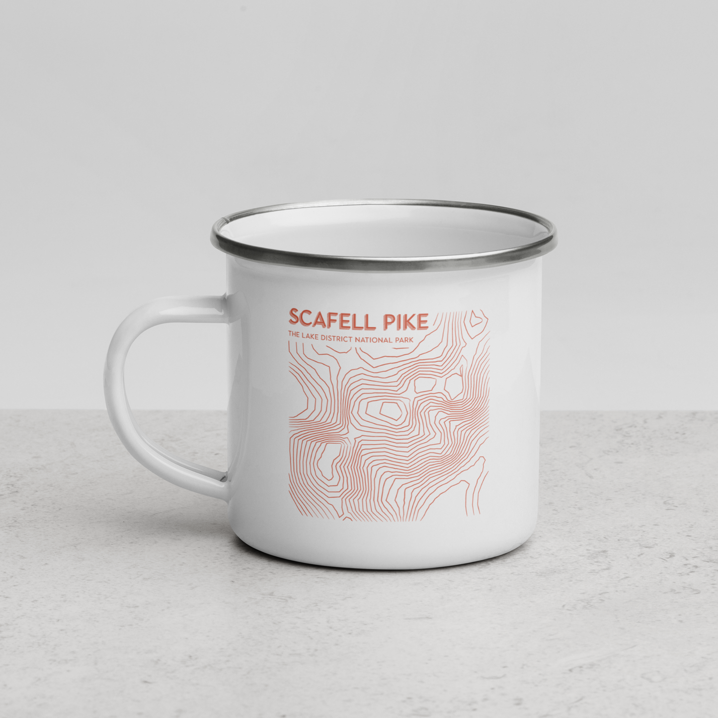 Scafell Pike Minimalist Enamel Mug - Sleek Lines Outdoor Drinkware - Orange