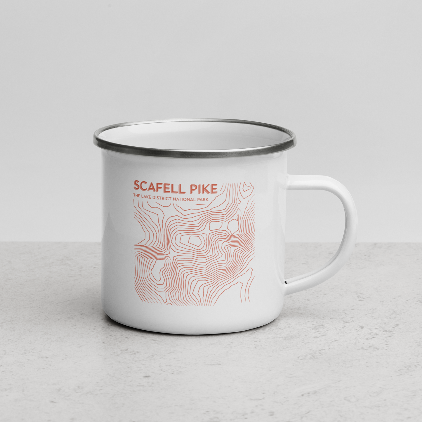 Scafell Pike Minimalist Enamel Mug - Sleek Lines Outdoor Drinkware - Orange