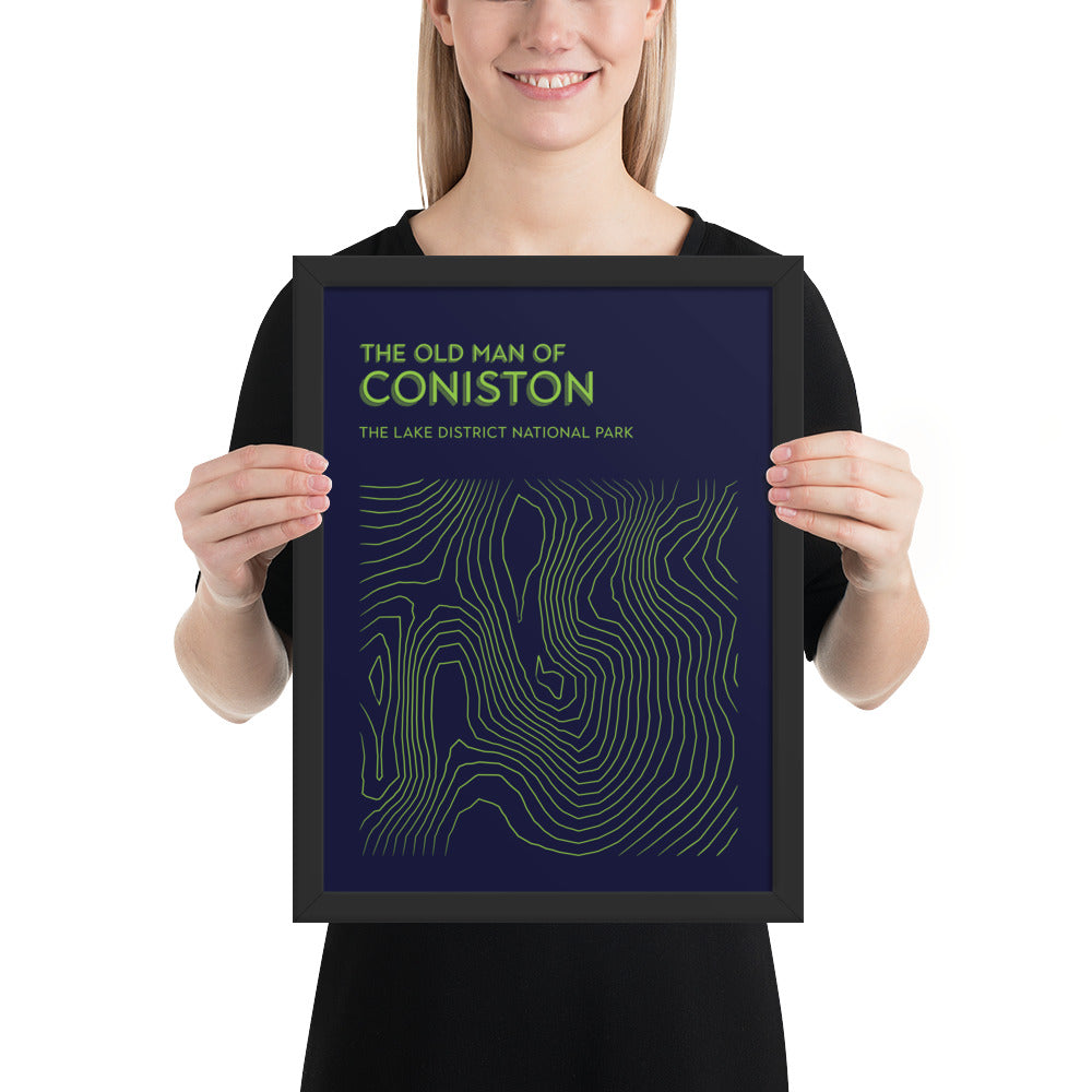 Coniston Old Man Contour Elegance Framed Poster - Abstract Topographical Art - Blue/Green