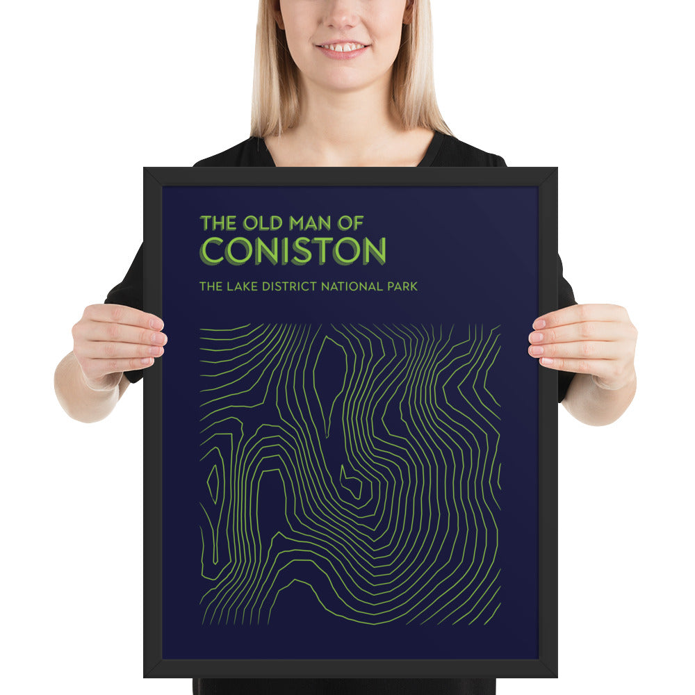 Coniston Old Man Contour Elegance Framed Poster - Abstract Topographical Art - Blue/Green