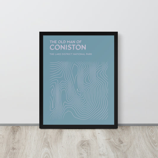 Coniston Old Man Contour Elegance Framed Poster - Abstract Topographical Art - Blue/Pink