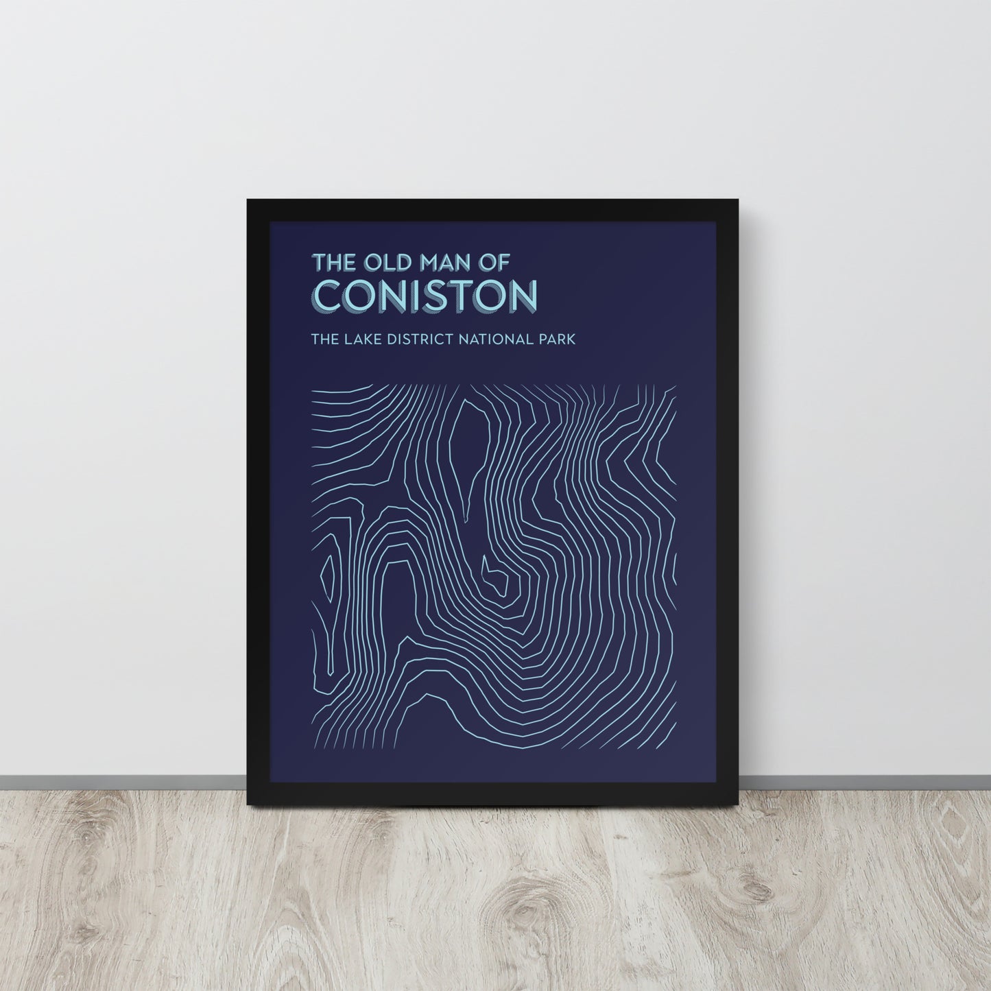 Coniston Old Man Contour Elegance Framed Poster - Abstract Topographical Art - Dark Blue/Light Blue