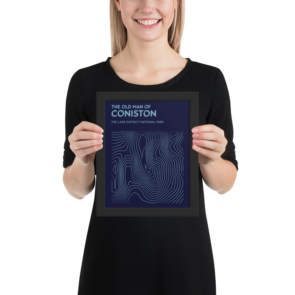 Coniston Old Man Contour Elegance Framed Poster - Abstract Topographical Art - Dark Blue/Light Blue