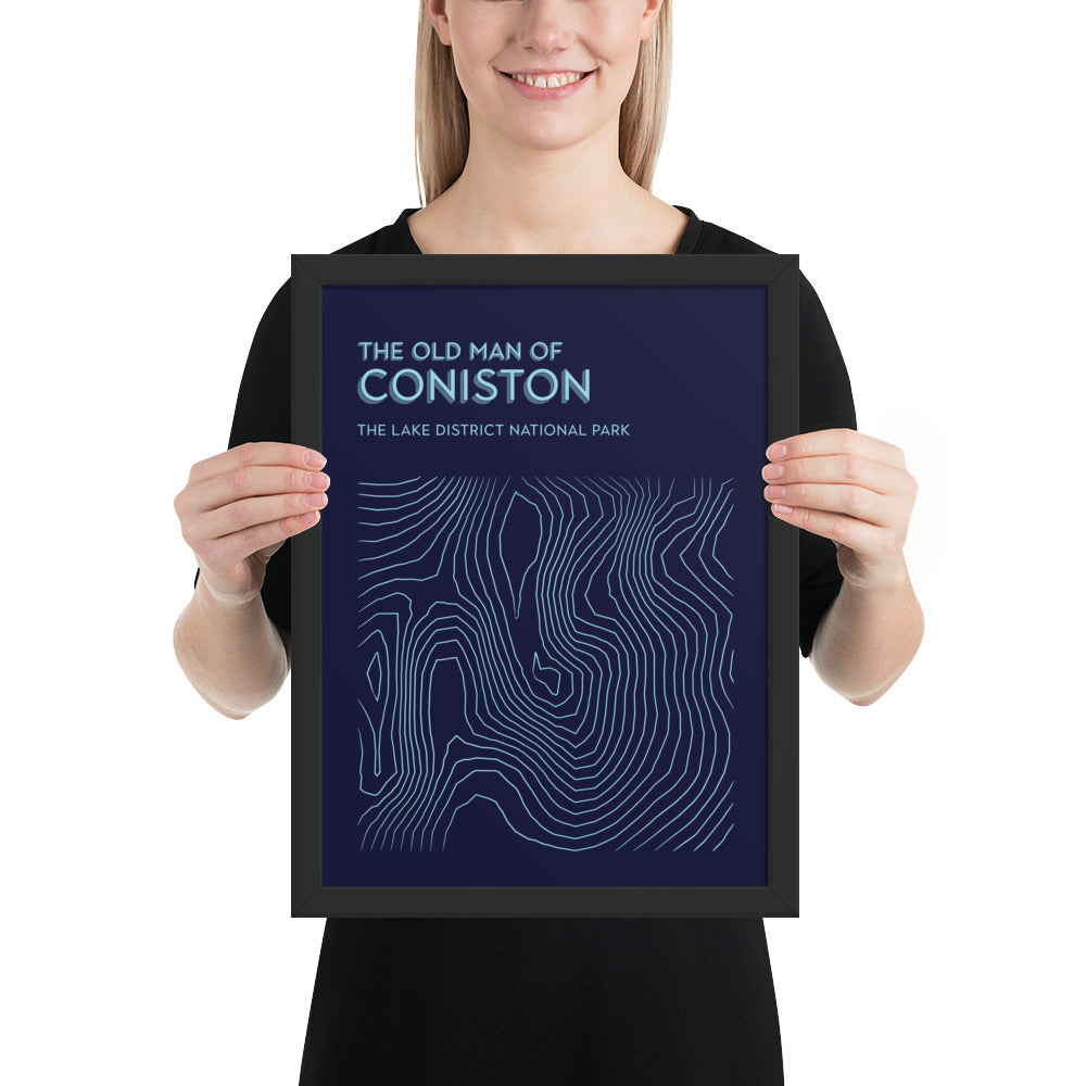 Coniston Old Man Contour Elegance Framed Poster - Abstract Topographical Art - Dark Blue/Light Blue