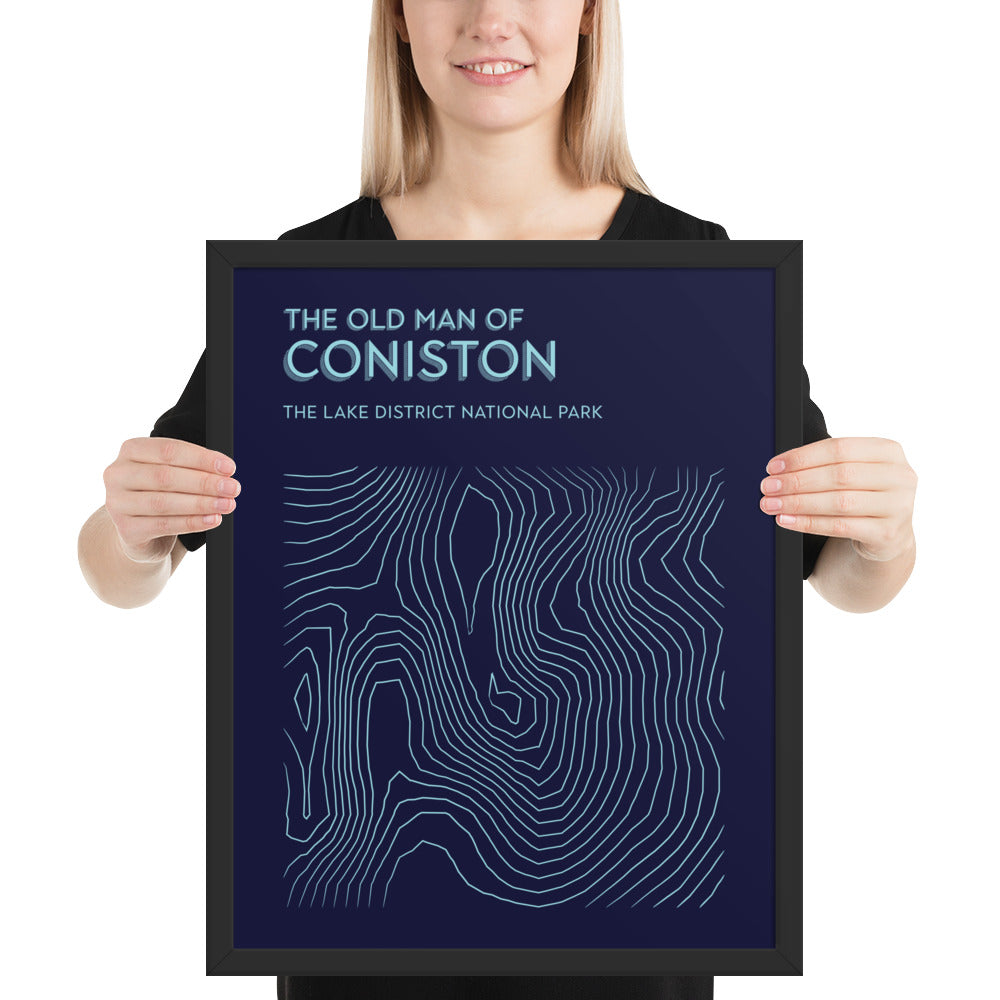 Coniston Old Man Contour Elegance Framed Poster - Abstract Topographical Art - Dark Blue/Light Blue