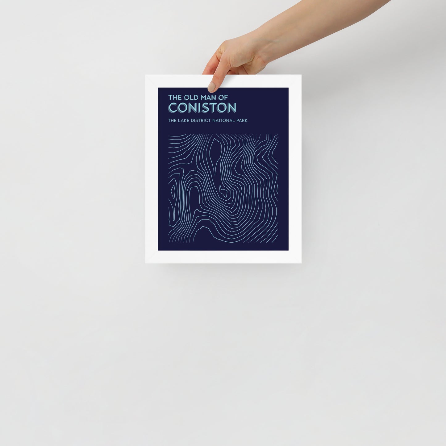 Coniston Old Man Contour Elegance Framed Poster - Abstract Topographical Art - Dark Blue/Light Blue