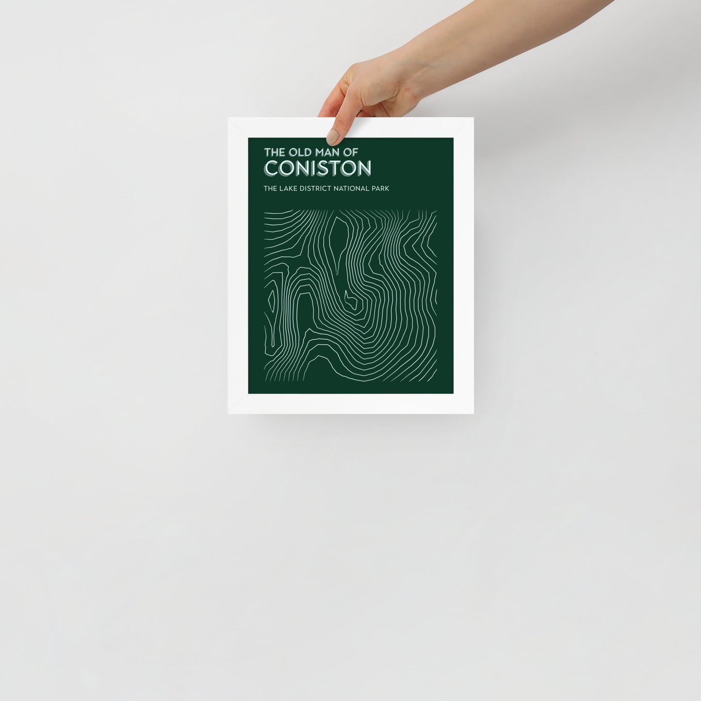 Coniston Old Man Contour Elegance Framed Poster - Abstract Topographical Art - Green/White