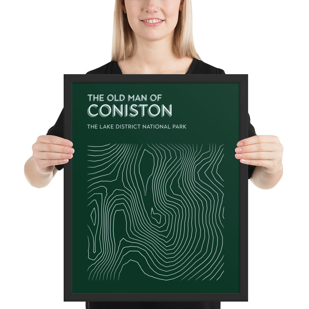 Coniston Old Man Contour Elegance Framed Poster - Abstract Topographical Art - Green/White