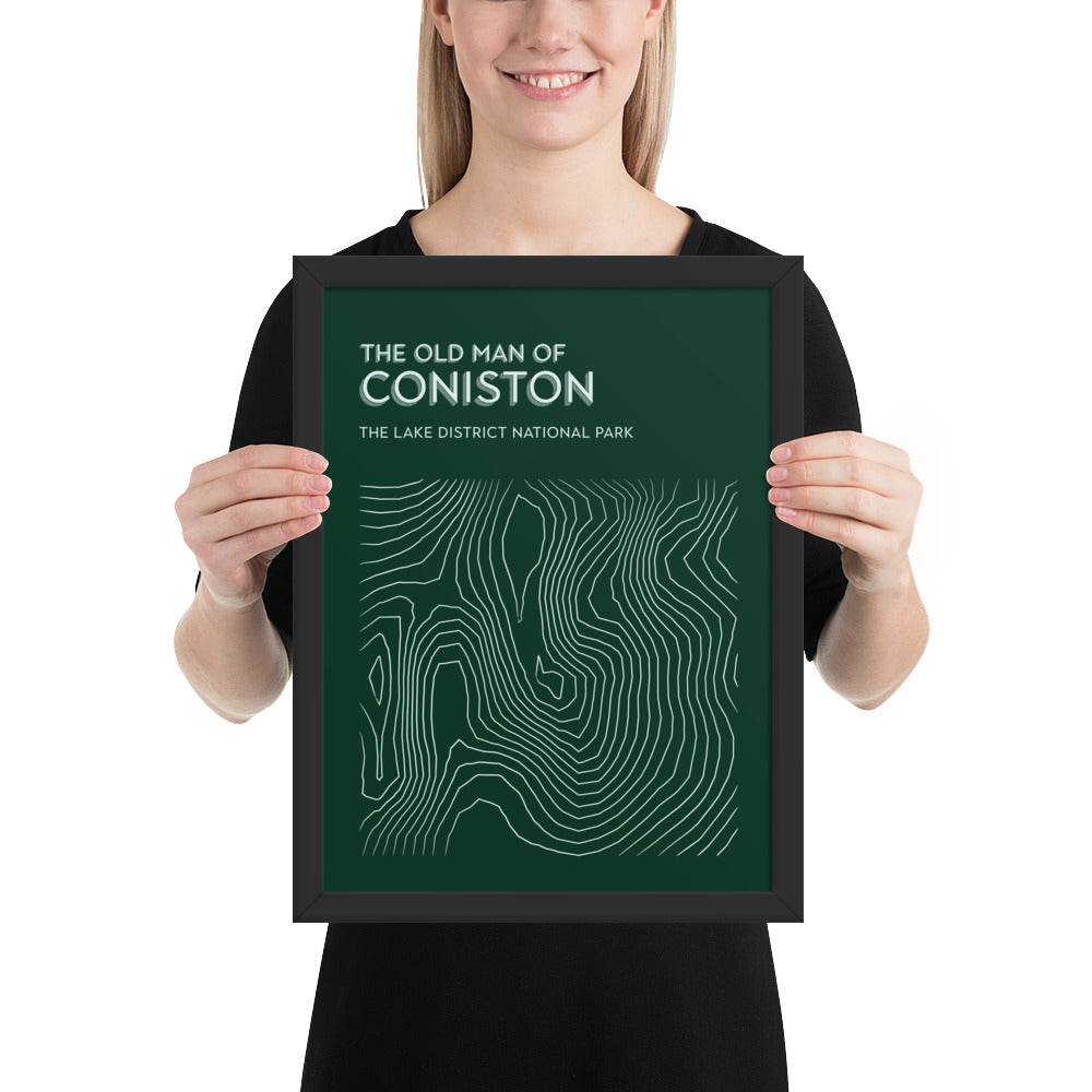 Coniston Old Man Contour Elegance Framed Poster - Abstract Topographical Art - Green/White